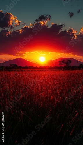 Silhouette Distant Mountain Peak at Dusk with Haze and Warm Glow for Travel and Meditation Background