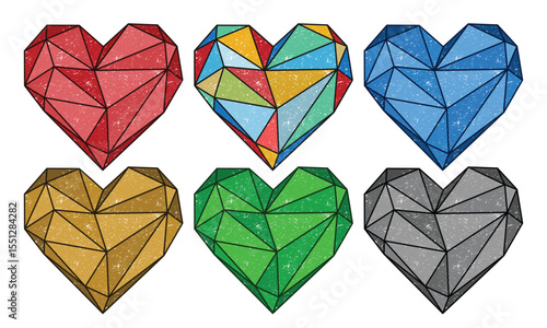 Set of colored jewels in the shape of a heart.
