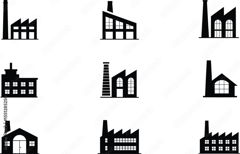 Fototapeta premium Industrial Factory Silhouette Icon Set Featuring Nine Distinct Black Shapes Arranged in a 3x3 Grid—Each Factory Design Showcasing Varying Rooflines, Chimney Styles, and Window Configurations—Capturing