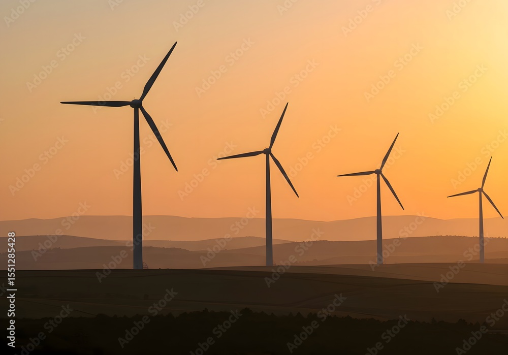 Obraz premium Wind Turbines Silhouette at Sunset Clean Energy Landscape