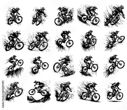 Downhill mountain biker Silhouette Grunge Splatter and Dripping Spray Effects