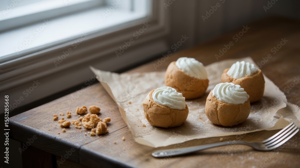 Fototapeta premium Delicious cream puffs on rustic table by window
