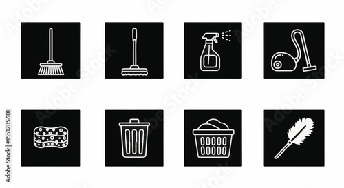 Cleaning icons collection on black background