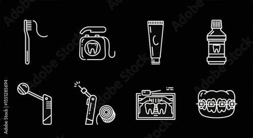 Dental care icon set on black background