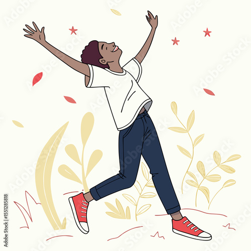 Joyful figure embracing life's moments with outstretched arms in nature scenery
