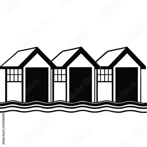 Three Black Boat Houses on Water Simple Black and White Graphic vector