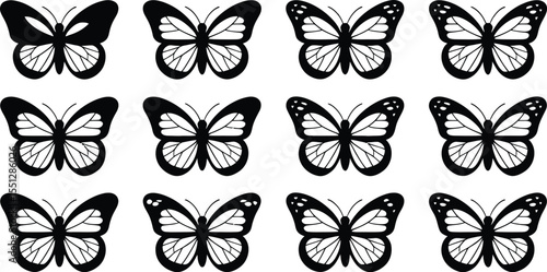 Butterfly Silhouette Icon Set Featuring Twelve Distinct Designs in a 3x4 Grid—Each Butterfly Rendered in High-Contrast Black and White, Showcasing Unique Wing Patterns, Shapes, and Decorative Motifs 