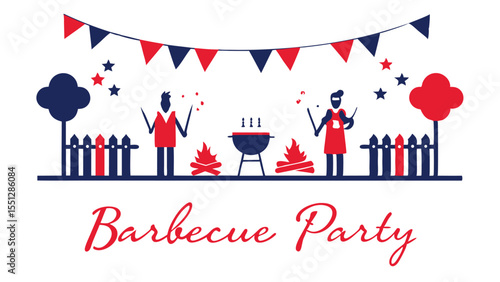 Festive Barbecue Party Illustration Backyard BBQ Summer Fun Family Gathering Celebration Red Blue