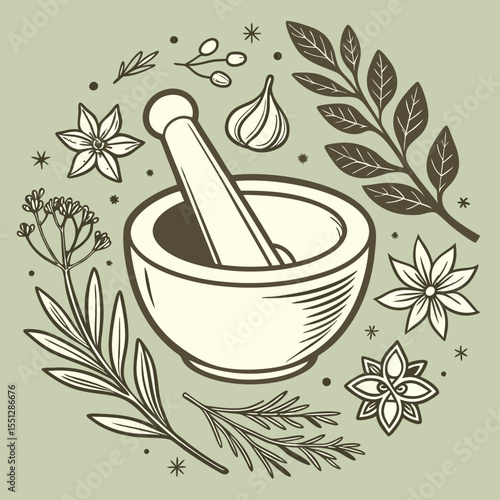 Botanical elements and mortar design representing natural remedies, herbalism