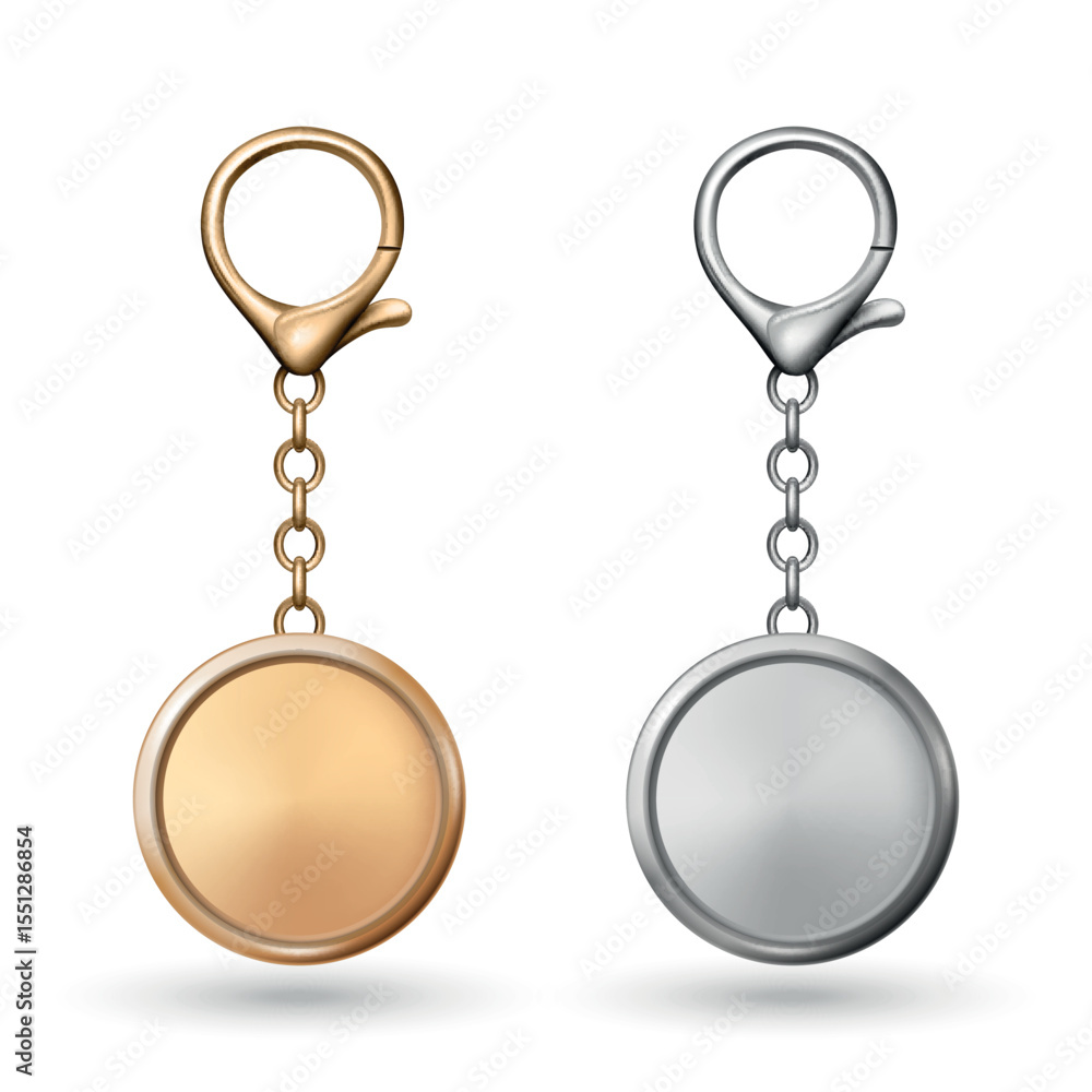 Vector Gold and Silver Keychain Icon Set, Isolated. Realistic Round Keychain Design for Branding. Blank Keychain Mockup for Logo. Luxury Metallic Keychain Template for Custom Accessory Design Vector Gold and Silver Keychain Icon Set, Isolated. Realistic Round Keychain Design for Branding. Blank Keychain Mockup for Logo. Luxury Metallic Keychain Template for Custom Accessory Design