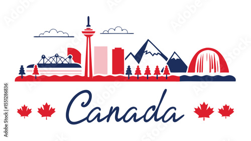 Canada Skyline Vector Graphic with Maple Leaves Mountains Cities Landmarks Travel Destination Icon