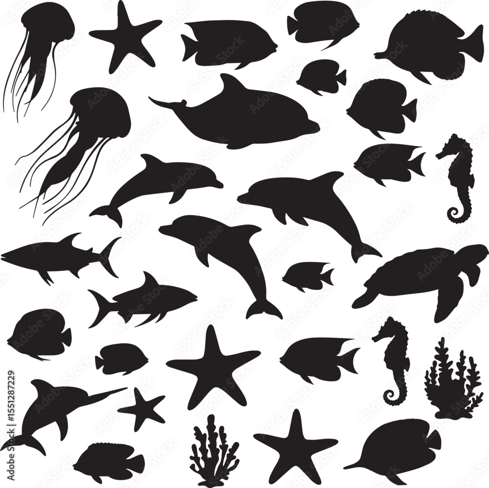 Fototapeta premium Vector art of collection of various marine animals silhouettes isolated on white background
