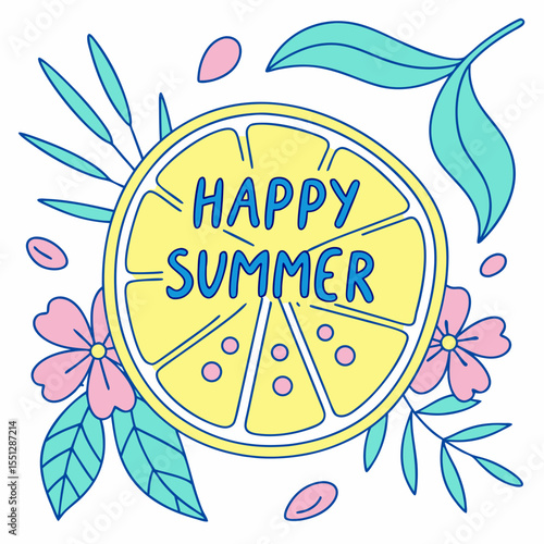Vibrant summery lemon slice illustration surrounded by flowers and leaves