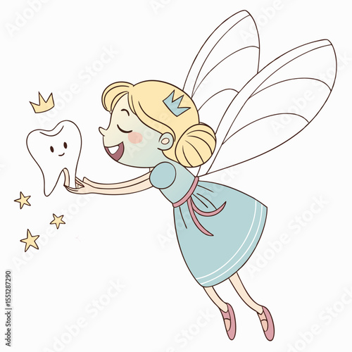 Whimsical tooth fairy gracefully delivering a gleaming tooth with tender care