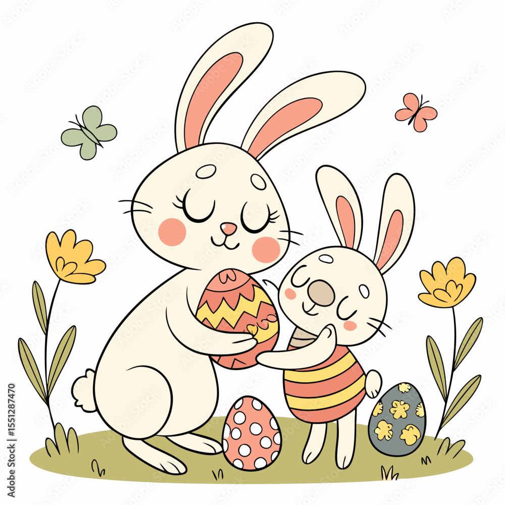 Fototapeta premium Delightful easter bunnies sharing decorated eggs in a springtime illustration