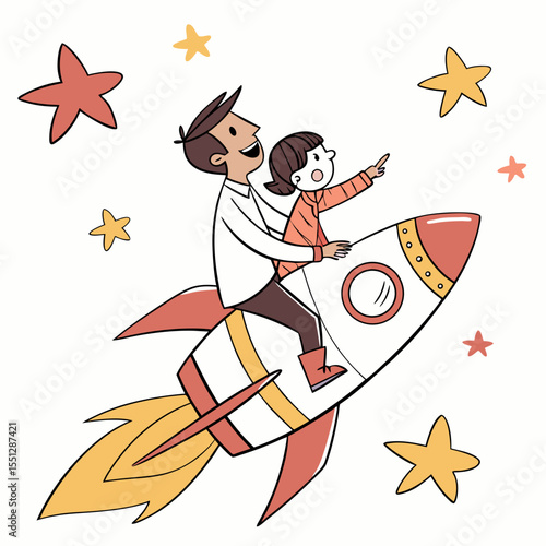 Whimsical father and daughter astronaut adventure aboard a rocket ship illustration