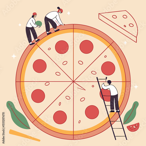 Collaborative pizza preparation illustrates teamwork and culinary creation