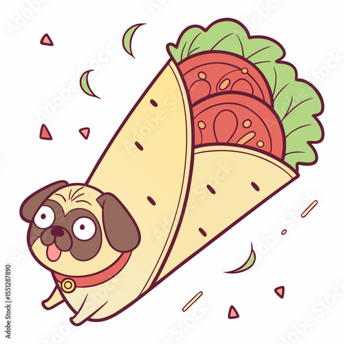 Whimsical canine delight: A pug's fanciful journey nestled within a tortilla wrap