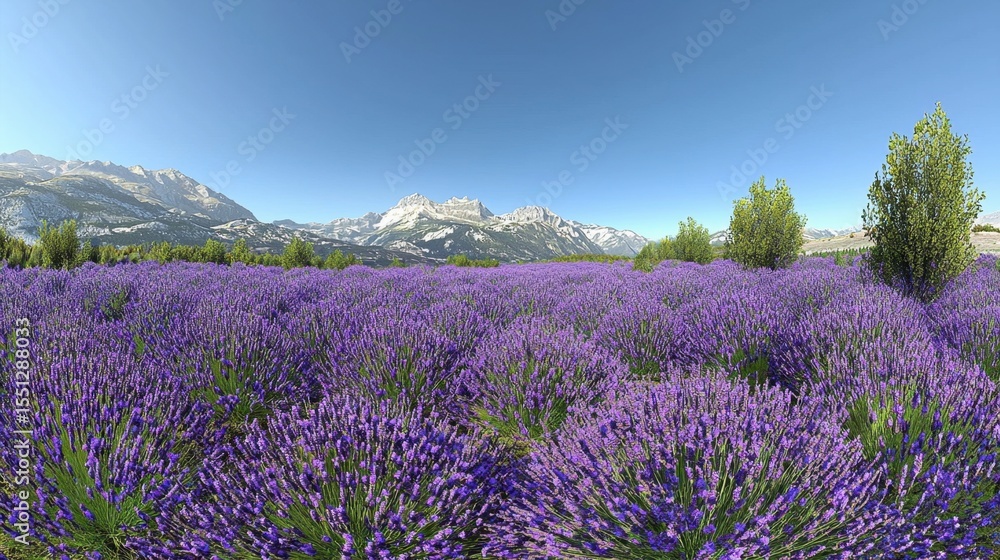 Naklejka premium Lavender field with majestic mountains under a clear blue sky during midday