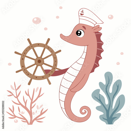Charming seahorse captain at the helm illustration for children's themes