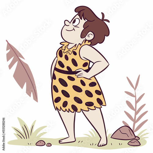 Prehistoric Age Cartoon Female Character Standing and Looking Upward