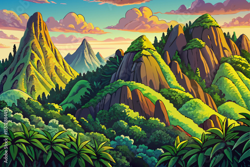 Tropical mountain range with dense jungle covered slopes vector, ideal for exotic landscapes, adventure themes, and lush wilderness design elements