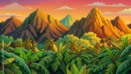 Tropical mountain range with dense jungle covered slopes vector, ideal for exotic landscapes, adventure themes, and lush wilderness design elements