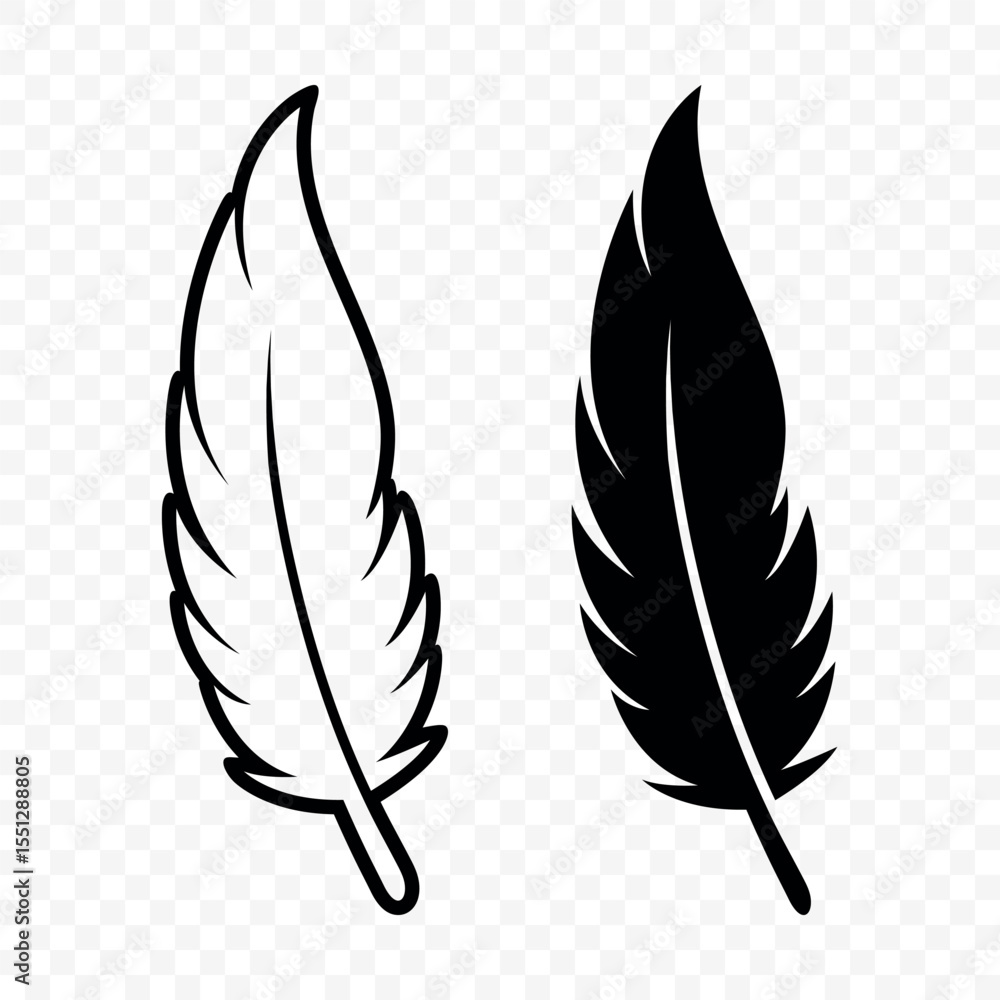 Obraz premium Vector Black and White Fluffy Feather Logo Icons. Silhouette Feather Set Closeup Isolated. Design Template of Flamingo, Angel, Bird Feather. Lightness and Freedom Concept