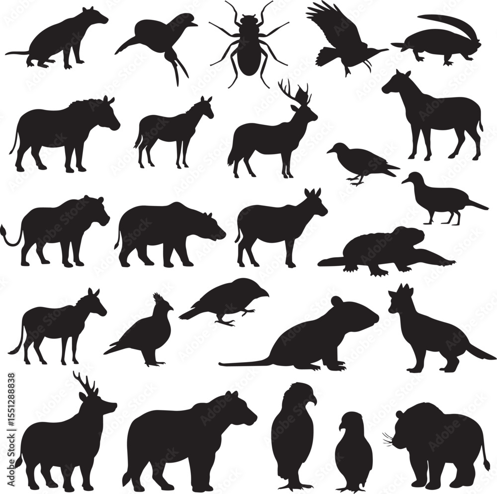 Obraz premium Vector art of set of various african animals silhouettes isolated on white background
