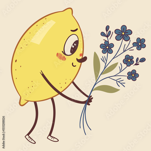 Whimsical lemon character delicately holding blue forget-me-not flowers bouquet