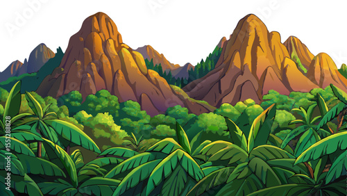 Tropical mountain range with dense jungle covered slopes vector, ideal for exotic landscapes, adventure themes, and lush wilderness design elements