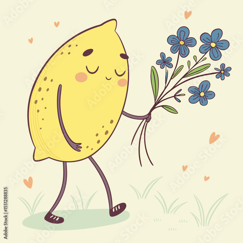 Delightful lemon character offering blue forget-me-nots in a sweet illustration