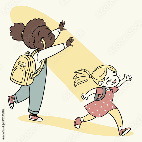 Joyful illustration of schoolchildren happily going back to school together