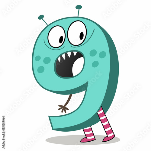 Whimsical number nine character with playful expression and vibrant color