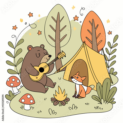 Whimsical woodland melody: Cartoon bear serenades fox near cozy camping tent