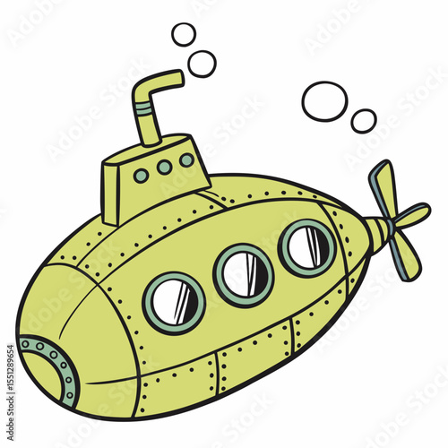 Cartoonish submarine illustration with bubbly trail, perfect for children's designs