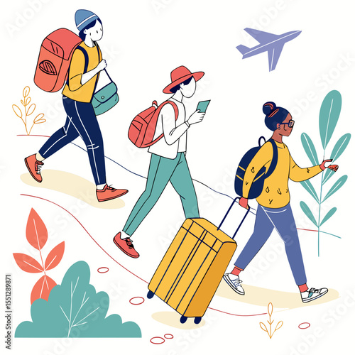 Animated travelers embarking on vacation adventure with bright luggage and cheerful ambiance