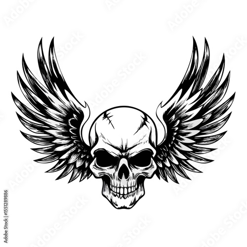 Winged Skull Tattoo Vector Design – Gothic Black and White Flying Death Head Art | Bold Skeleton Emblem for Apparel, Stickers, Posters, Rock, and Biker Logos