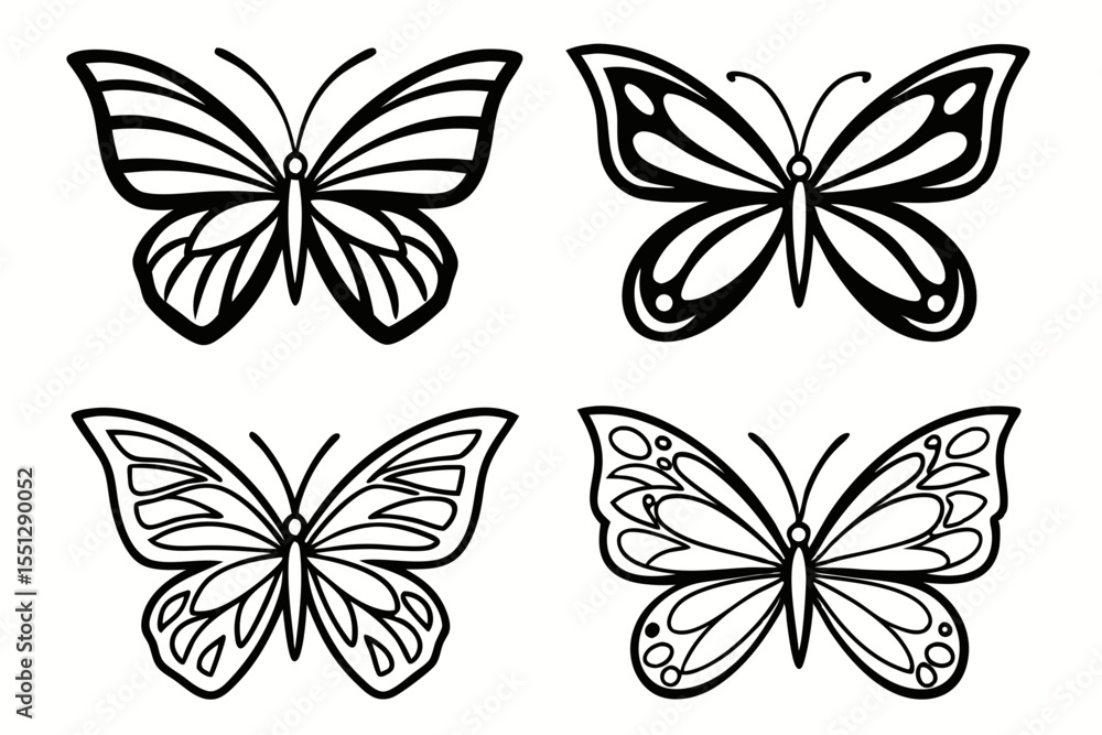 Fototapeta premium Free Printable Black and White Butterfly Outline Vector Illustration Set
