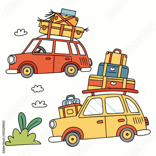 Whimsical journey illustration: family cars with luggage on the roof