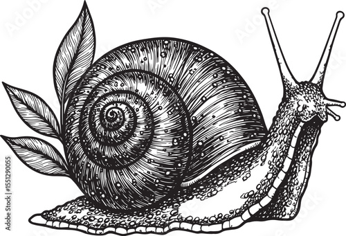 Vector art of detailed snail vector illustration with leaves isolated on white background