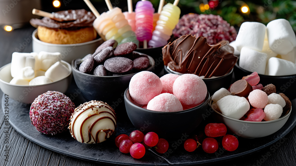 A gourmet dessert platter with an assortment of luxury chocolates, candies, and truffles. A gourmet dessert platter with an assortment of luxury chocolates, candies, and truffles.