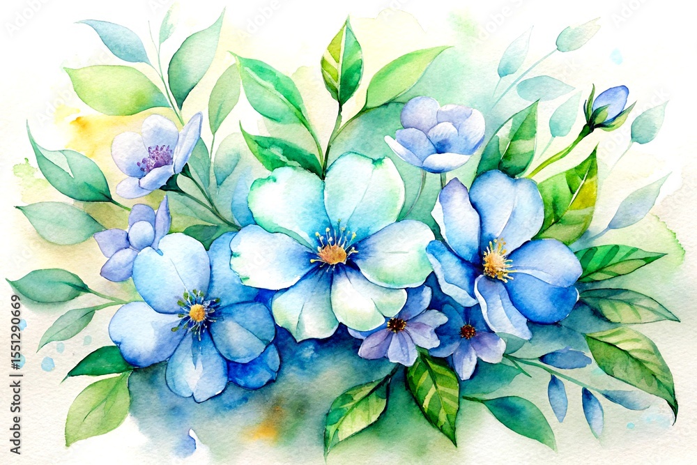 Fototapeta premium Watercolor illustration of blue flowers and green leaves elegant floral design