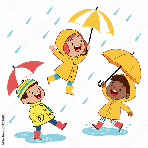 Illustrative rainy day celebration: children playing joyfully under umbrellas