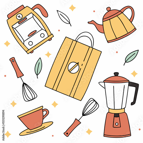 Delightful Kitchen Essentials Arrangement: A Pastel Palette of Cooking Gadgets