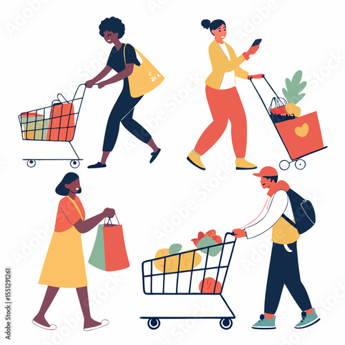 Diverse shoppers navigating retail spaces, embodying consumerism and lifestyle trends