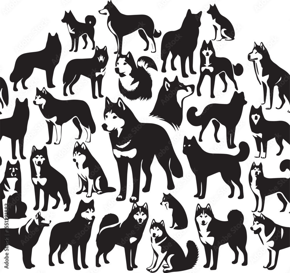 Fototapeta premium Siberian Husky Dog Vector Illustration in Black and White