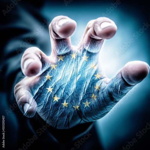 The European Union flag superimposed on a hand reaching forward in a powerful or controlling gesture.