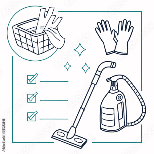 Minimalist Illustration of Cleaning Equipment with a Checklist in Light Blue
