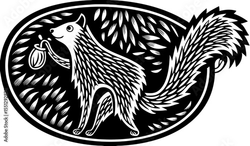 Illustration of a squirrel holding an acorn inside an oval frame with leaf patterns all around it